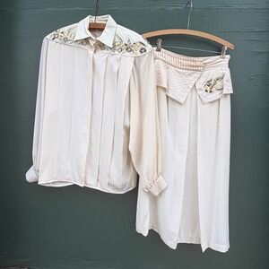 Cedars Vintage 80s Power Silk Leather 2pc Set Cream Avant Garde Rare Womens 6